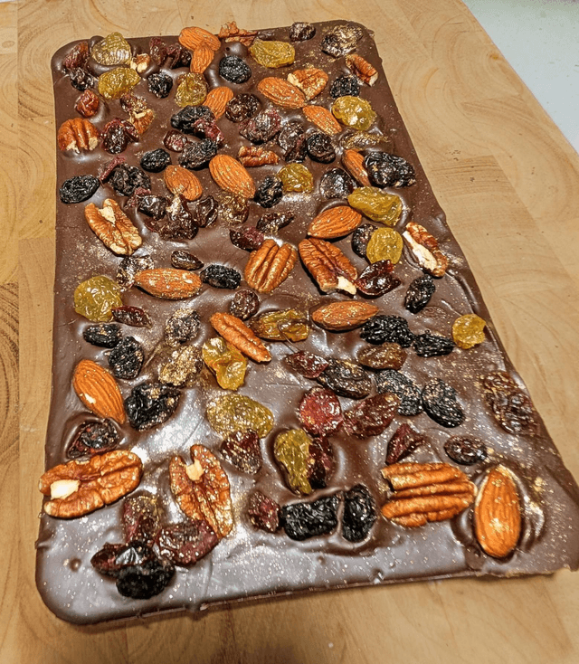 Giant, 750g dark chocolate bar, filled with marzipan and topped with festive fruits and nuts